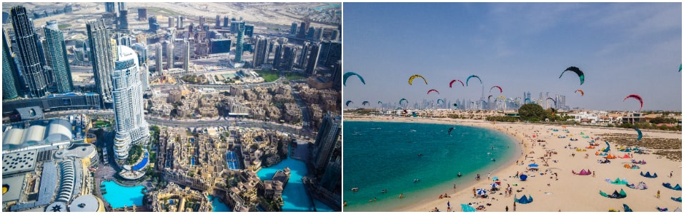 Dubai City View from Burj Khalifa And Flying Kite on the Beach